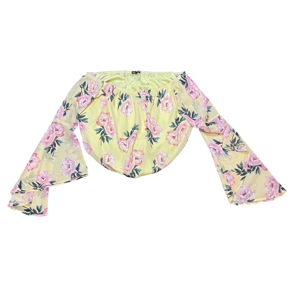 Charlotte Russe Floral Sheer‎ Bell Sleeve Off Shoulder Crop Top 1X